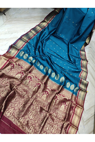 Turquoise Silk Banarasi Saree With All Over Butta Work And Contrast Color Pallu (KR1504)